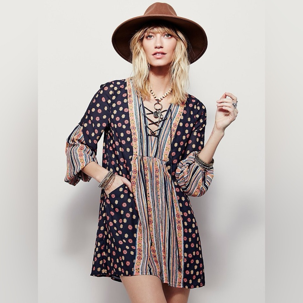 $128 FREE PEOPLE “Rain or Shine” Pebble Boho Long Sleeve Dress, Size Large